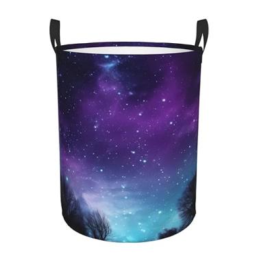 Imagem de Cesto de lavanderia roxo estrelado Sky1 dobrável à prova d'água cesto de armazenamento de roupas com alças pano oxford organizador de brinquedos cesta para banheiro, lavanderia, quarto, médio