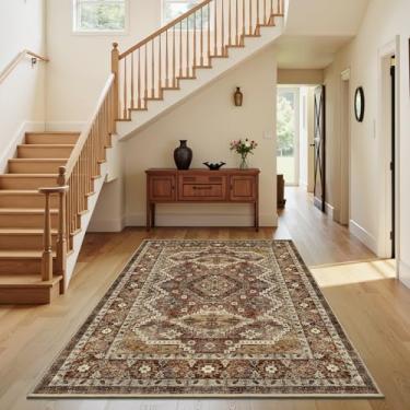 Imagem de Rugland Tapete 4x6 – Tapete lavável resistente a manchas, tapetes antiderrapantes para sala de estar, tapetes de área tribal persa boho (TPR07-ferrugem, 10,12 x 15,24 cm)