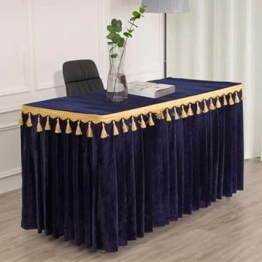 Imagem de Toalha de mesa de veludo dourado para conferências e exposições, com franjas, para saia de mesa retangular com borlas, azul escuro, 180x40x75 cm