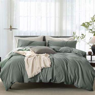 Imagem de ELIMMO Capa de edredom Super King Plus Size - Conjunto de cama 100% algodão lavado como linho texturizado ultramacio respirável para todas as estações, 3 peças (verde, Super King Plus)