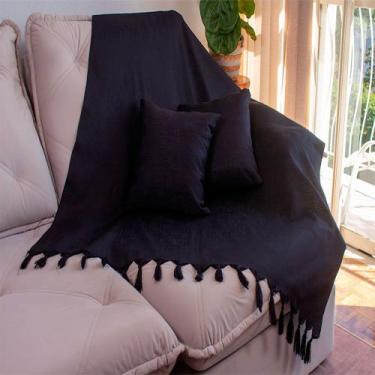 Imagem de Kit 1 Manta e 4 Capas de Almofada em Tecido Jacquard Falso Liso Preto 