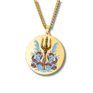 Imagem de Colar Mitologia Grega – Pingente Redondo Gravado Colorido em Aço Inoxidável • Deuses e Deusas da Grécia e Roma (Apolo, Ártemis, Poseidon, Ares, Zeus…) • Amuleto de Proteção Unissex (Trident • Gold)