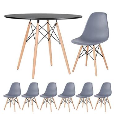 Imagem de Loft7, Mesa redonda Eames 100 cm preto + 6 cadeiras Eiffel DSW Cinza escuro
