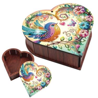 Imagem de Kit de caixa de armazenamento de pintura de diamante em formato especial, organizador de arte de diamante de madeira em forma de coração com design colorido de pássaro e flor, estojo de presente
