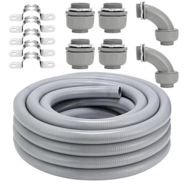 Imagem de Kit de conector de conduíte resistente a líquido, kit de conduíte elétrico flexível não metálico, tubo de conduíte elétrico externo à prova d'água, acessórios retos/angulares, grampos (3,5 cm x 7,6 m)