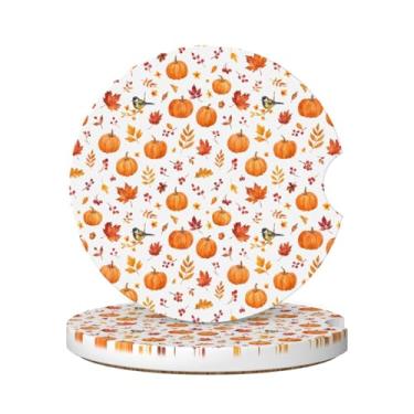Imagem de Neukim Pacote com 2 porta-copos de carro com folha de bordo de abóbora, laranja, 6 cm, baga vermelha, pássaro, antiderrapante, copo absorvente de cerâmica com base de cortiça e entalhe de dedo