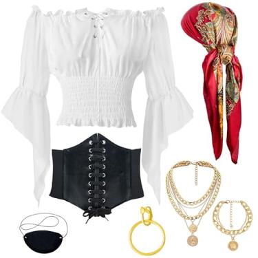 Imagem de YGDSX 7 peças de fantasia de pirata feminina renascentista camponesa blusa ombro de fora manga trompete tops com acessórios conjunto de cabeça cachecol espartilho cinto, Branco, XXG