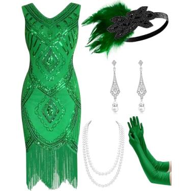 Imagem de Mukum Vestido feminino melindrosa anos 20, vintage, com franjas, com lantejoulas, ótimo Gatsby, conjunto de vestidos anos 20 para festas de Natal, Verde 2, 3G