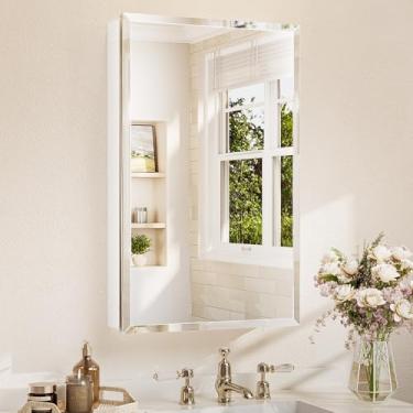 Imagem de TETOTE Armário de remédios de 50 x 81 cm com espelho chanfrado temperado branco armário de remédios de alumínio dobradiças DTC, prateleiras ajustáveis contínuas, embutidas/montadas na superfície