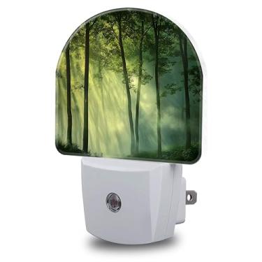 Imagem de FOISIIAEA Luzes noturnas conectadas à parede, floresta enevoada, luz noturna do crepúsculo ao amanhecer, lâmpada de LED redonda decorativa para quarto, banheiro, cozinha, corredor, luz noturna para