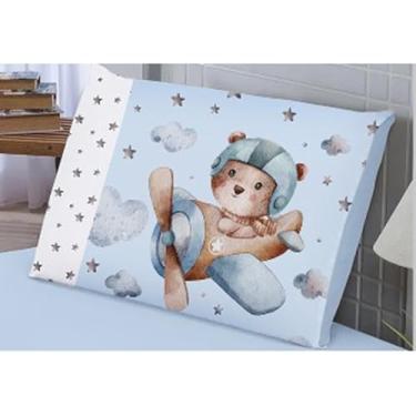 Imagem de Kit Fronha Infantil Estampada Soft com Travesseiro, 70x50cm, 100% Poliéster (URSO AVIADOR)
