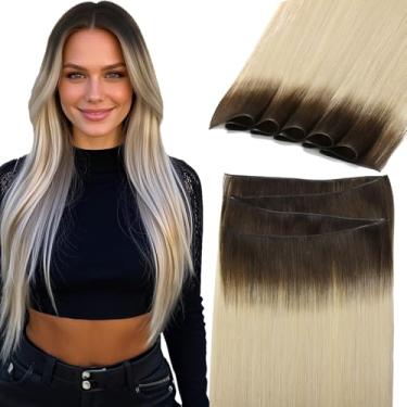Imagem de Lacer Extensões de Trama de Cabelo Humano 55 cm Loiro Costurado Extensões de Cabelo Humano Remy Tramas Gênio Invisível Loiro Platina com Raízes Castanhas Mais Escuras Uma Peça de Cabelo Natural para