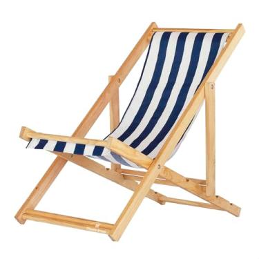 Imagem de Espreguiçadeira Dobrável em Madeira Maciça para Varanda – Reclinável, Sem Braço, Natural (Listrado Azul e Branco)