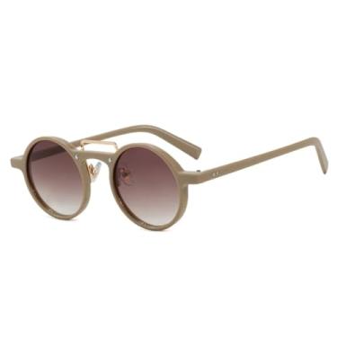 Imagem de Óculos de sol redondos pequenos da moda, femininos, com lentes degradê UV400, retrô, rebites, punk, masculino, armação transparente (cáqui, chá, degradê)