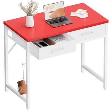 Imagem de Pamray Mesa de computador pequena de 81 cm com 2 gavetas para quarto, estudo, escrita, mesa de escritório em casa para espaços pequenos, vermelha