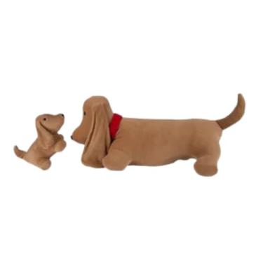 Imagem de Bichos Grávidos Cachorro Bassê de Pelúcia, Marrom com Coleira Vermelha, Plush Antialérgico, Mãe 50x19x17cm e Filhote 20x10x9cm, Brinquedo Educativo para Crianças Acima de 1 Ano