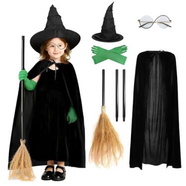 Imagem de VZQI 3 Pcs Wicked Kids Witch Costume Girls Green Witch Movie Cosplay Halloween Witches Hat Cape Glasses Accessories Set 6-12T
