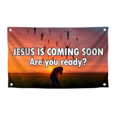 Imagem de Bandeiras cristãs com citação "Jesus Is Coming Soon Are You Ready" - Pôster religioso de poliéster na parede com 4 ilhós de latão - Faixa de meme de um lado para decoração de quarto e meninas