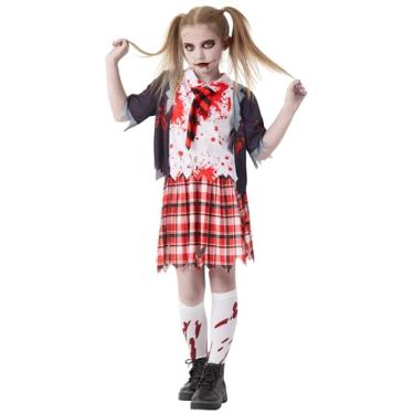Imagem de Fantasia de menina escolar, fantasia de zumbi, sangrenta, assustadora, para crianças, 5 peças, camisa, saia, Halloween, cosplay, festa, Multicor, M