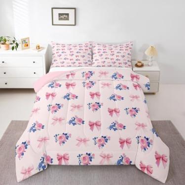 Imagem de Feelyou Conjunto de edredom com laço em aquarela para todas as estações, fofo, com 2 fronhas, estilo princesa sonhadora, microfibra, roupa de cama casal, para decoração de quarto, edredom respirável