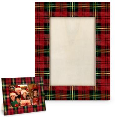 Imagem de Jetec Porta-retrato de Natal, 10 x 15 cm, moldura de madeira, decoração de mesa, presente festivo de Natal para amigos da família, decorações vintage para prateleira de festa em casa (padrão xadrez