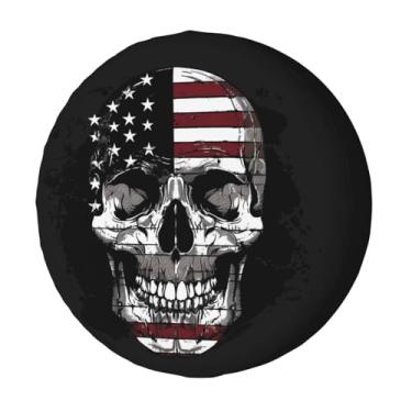 Imagem de Foruidea Capa de pneu sobressalente Skull American Flag Capa de pneu de roda à prova de poeira serve para trailer, trailer, SUV e muitos veículos de 43 cm
