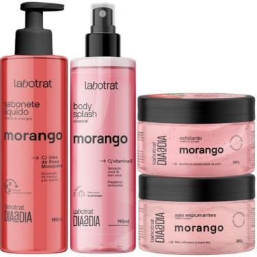 Imagem de Kit Banho Sabonete Sais de Banho Esfoliante e Body Splash Morango Labo