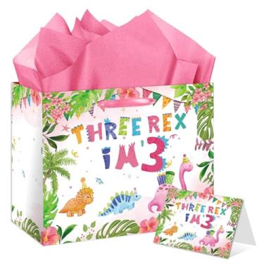 Imagem de Bolsa de presente de dinossauro rosa, bolsa de presente de dinossauro Rex em aquarela, grande decoração de festa de aniversário de 3º dinossauro, com cartão e papel de seda, para meninas, meninos