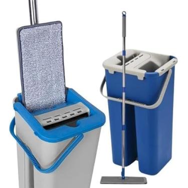Imagem de Flat Mop 2 Refis Microfibra Rodo Mágico Lava e Seca com Balde 5 Esfregão Azul e Cinza