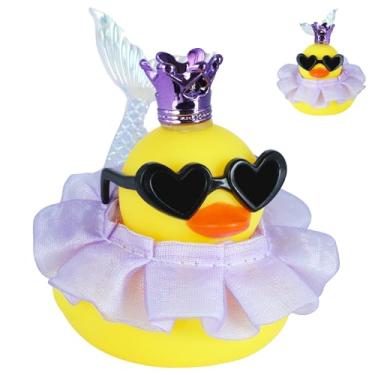 Imagem de 1 peça de decoração de painel de carro de pato sereia roxo - enfeite de pato de borracha DIY com mini coroa, saia, óculos e cauda de peixe, acessórios de painel de som estridente para Jeep