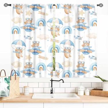 Imagem de TKUYO Cortinas de urso de desenho animado, crianças, meninos, meninas, urso fofo, aventura, avião, nuvem, azul pastel, cortina, tratamentos para bebês, sala de estar, quarto, berçário, sala de aula, 2