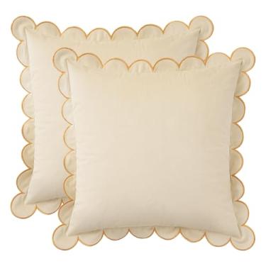 Imagem de MONDAY MOOSE Capas de almofada decorativas, conjunto de 2 designs de borda redonda recortada de veludo macio, misture e combine para decoração de casa, almofadas não incluídas (creme, 50,8 x 50,8 cm)