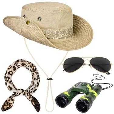 Imagem de Horolam Conjunto de 4 acessórios de fantasia de safári, chapéu de safári, fantasia de explorador de zoológico com estampa de leopardo, binóculos verdes para mulheres