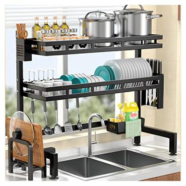 Imagem de CLLBANT Escorredor de pratos, escorredor de pratos para bancada de cozinha de 2 níveis, escorredor de pratos sobre o lavatório, escorredor de pratos com suporte para tábua de cortar (cor: preto