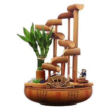 Imagem de FKJLUN Fonte de água de mesa de cerâmica para decoração de fonte fluida, ornamentos criativos de mesa de bambu, luzes LED multicoloridas roda de água da sorte paisagem decoração relaxante fonte de