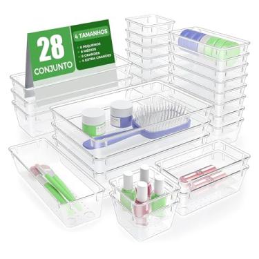 Imagem de Kit 28 Organizador Multiuso Modular Gavetas Acrílico Cristal Plástico Transparente organizadora Maquiagem Organizador Dispensa Penteadeira Multiuso Escritorio Bancada Armário Cozinha Banheiro