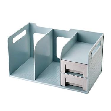 Imagem de Estante de mesa de escritório com 2 gavetas prateleira de exibição organizador de mesa rack de armazenamento de escritório estante de livros material de escritório (cor: azul) (tamanho único azul)
