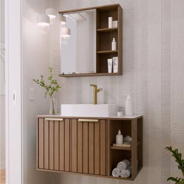 Imagem de Gabinete Suspenso Banheiro Noruega 80cm com Cuba e Espelheira Treviso Freijó