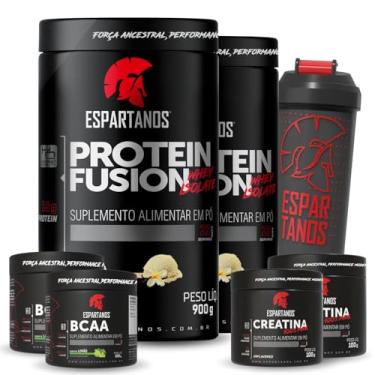 Imagem de Kit 2x Whey Protein Fusion Baunilha 900g + 2x BCAA em Pó Limão100g + 2x Creatina 100g + Coqueteleira - Espartanos