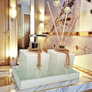 Imagem de Kit Lavabo Luxo Vidro Branco Saboneteira Difusor Aroma Decoração Bandeja Banheiro(Branco Degrade C/Dourado,Sem Bandeja)