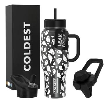 Imagem de Copo Coldest com alça e canudo - Copo isolado 100% à prova de vazamento com tampa e canudo (3 tampas) - Copos de aço inoxidável para mulheres e homens - Base compatível com porta-copos, 1,020 g