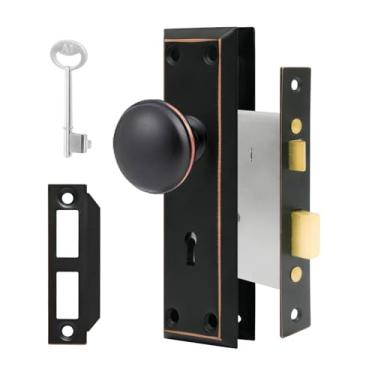 Imagem de Maçaneta de porta vintage com trava para portas interiores bronze polido a óleo, conjunto de fechadura de encaixe de latão antigo, banheiro e quarto à moda antiga com chave de esqueleto para portas de