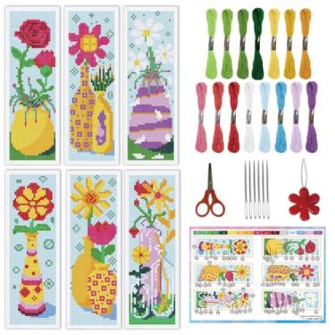 Imagem de INFUNLY Conjunto de 6 peças/conjunto de marcadores de página de ponto cruz para vaso de flores, 2,99 x 20,54 cm, rosa floral, feito à mão, marcadores de página bordados DIY para leitores com