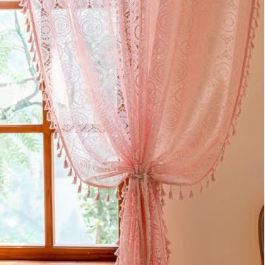 Imagem de Cortinas rosa claro para quarto de meninas, 226 cm de comprimento, 2 painéis, lindas cortinas de renda de crochê com borla, filtragem de luz para quarto, berçário, sala de estar, princesa, decoração