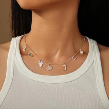 Imagem de Colar feminino com olho turco – Colar de gargantilha banhado a ouro 14K fofo CZ inicial A-Z com pingente de mangueira de cavalo, joia de cristal, 12#, Latão, Sem Pedra Preciosa