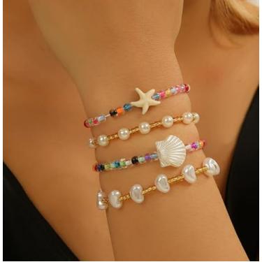 Imagem de 4 peças/conjunto de pulseiras de contas coloridas concha estrela do mar verão praia pulseira de cristal boho pedras preciosas verão elástico joias para mulheres (18 cm)