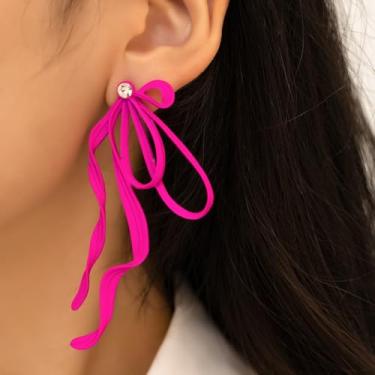 Imagem de 1 par de brincos pendentes de fita de laço grande, brincos rosa brilhante para mulheres, joias elegantes para festas, acessórios modernos para uso casual, brincos elegantes para ela (Fúcsia)