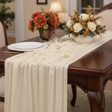 Imagem de Caminho de mesa de gaze bege, corredor de mesa de gaze rústica Boho de 300 cm para outono, Ação de Graças, casamento, festa, chá de bebê, aniversário, decorações de casa e férias