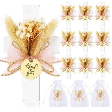 Imagem de 12 conjuntos de lembrancinhas de festa de batismo para convidados de primeira comunhão, ímã de batismo de cruz de madeira com flores para festa de chá de bebê Bless, presente de batismo, revelação de