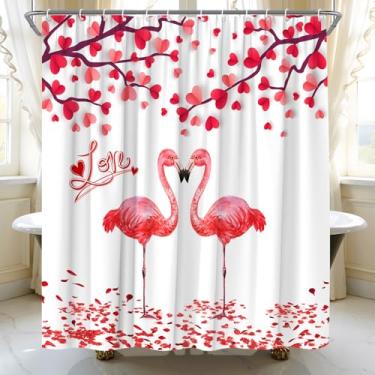 Imagem de AMFD Cortina de chuveiro para dia dos namorados vermelho rosa coração romântico flamingo doce amor casal conjunto de tecido decoração inclui ganchos, (177.8 cm WX70 H)